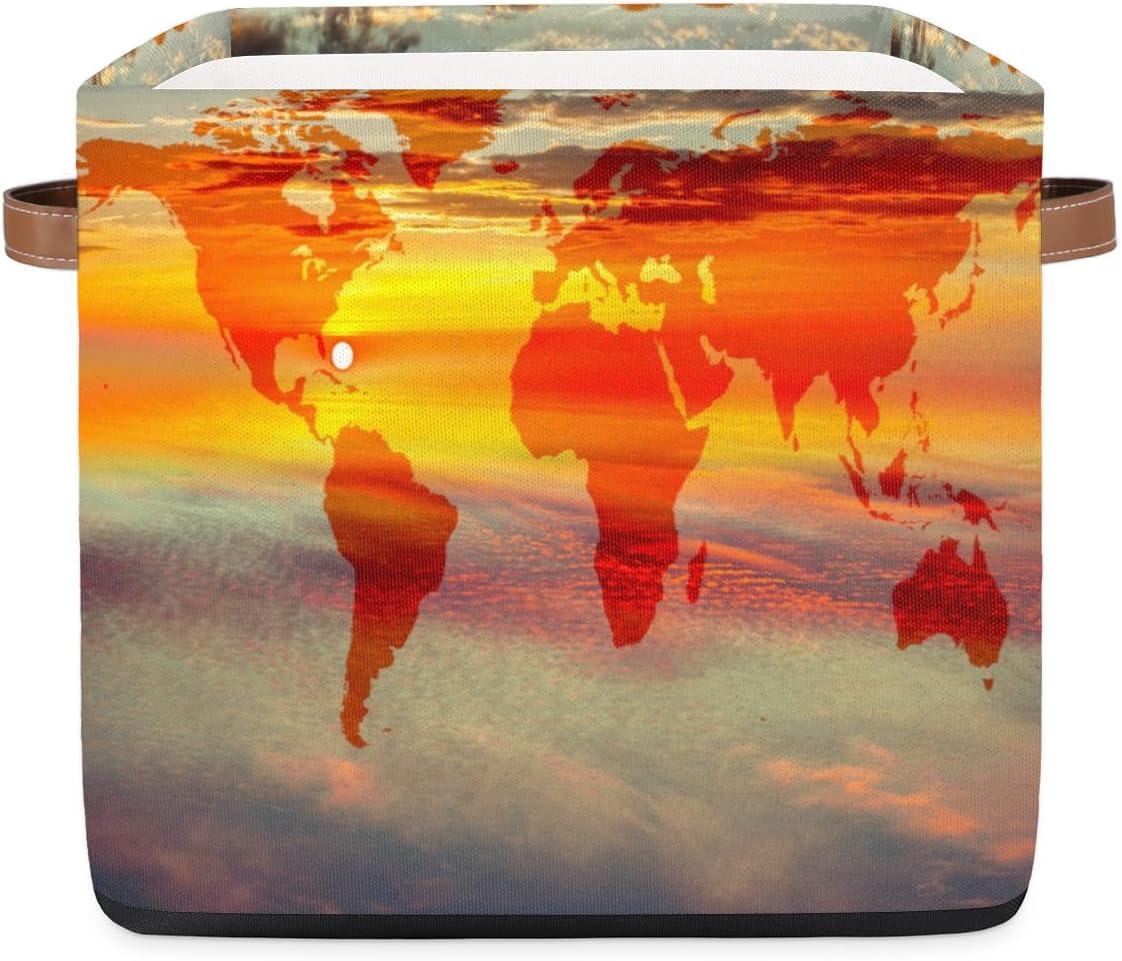 Cesta de almacenamiento de mapa de puesta de sol, caja de almacenamiento plegable de tela de 13 x 13 x 13 pulgadas, cubos cuadrados con asas para