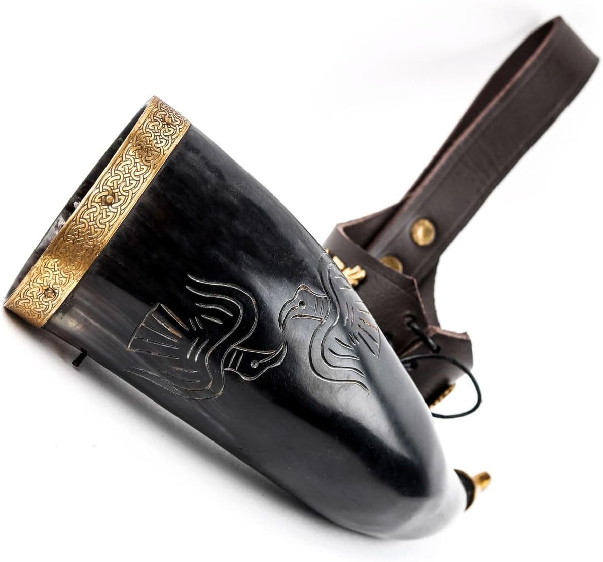 Mythrojan The Bird of Prey – Cuerno vikingo con soporte de cuero marrón, auténtica taza de vino vikingohidromiel inspirada en la Edad Media, acabado