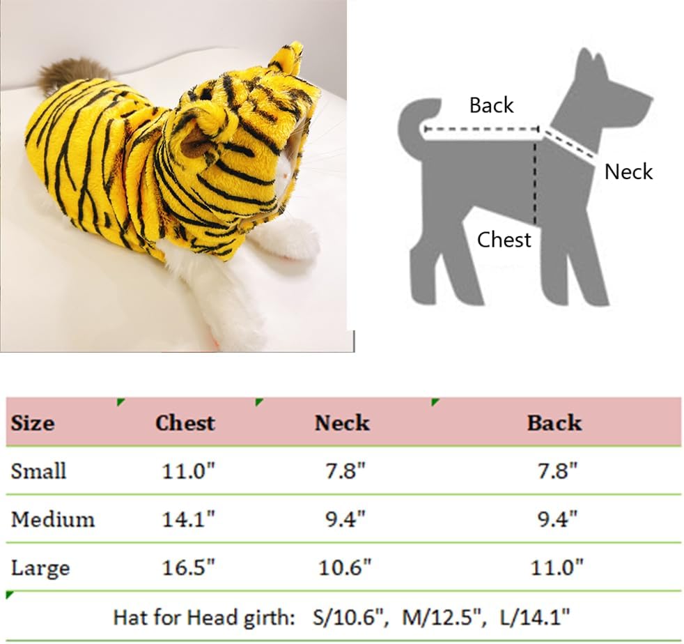 Disfraz de tigre para perro pequeño para Halloween y mascotas, ropa de cosplay de vellón cálido con capucha para perro, chaqueta de invierno y gato