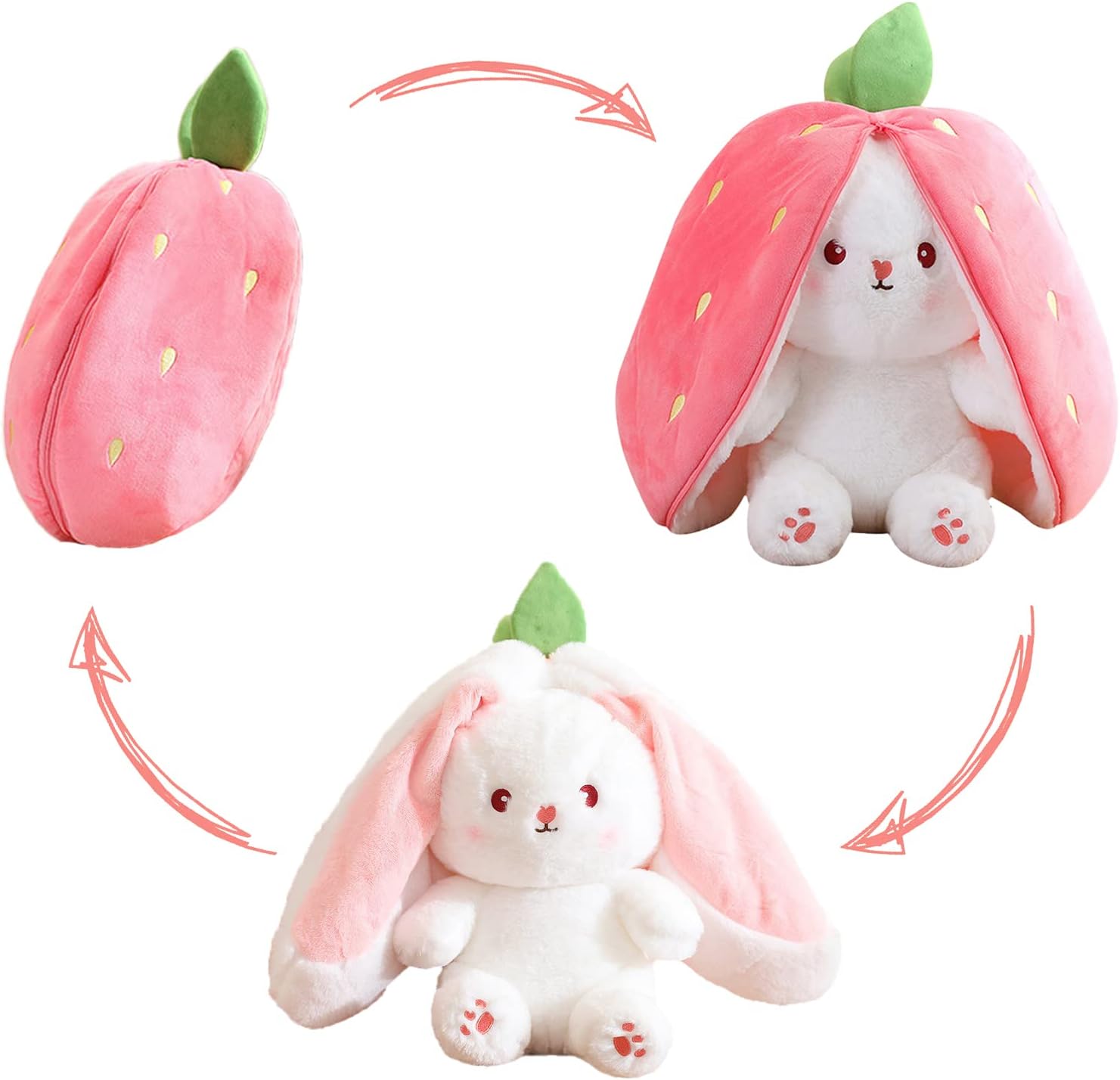 EOMKO Peluche de conejo, almohada reversible de conejo, zanahoria y fresa, con cremallera, juguete de felpa suave con zanahoria y fresa, juguete de