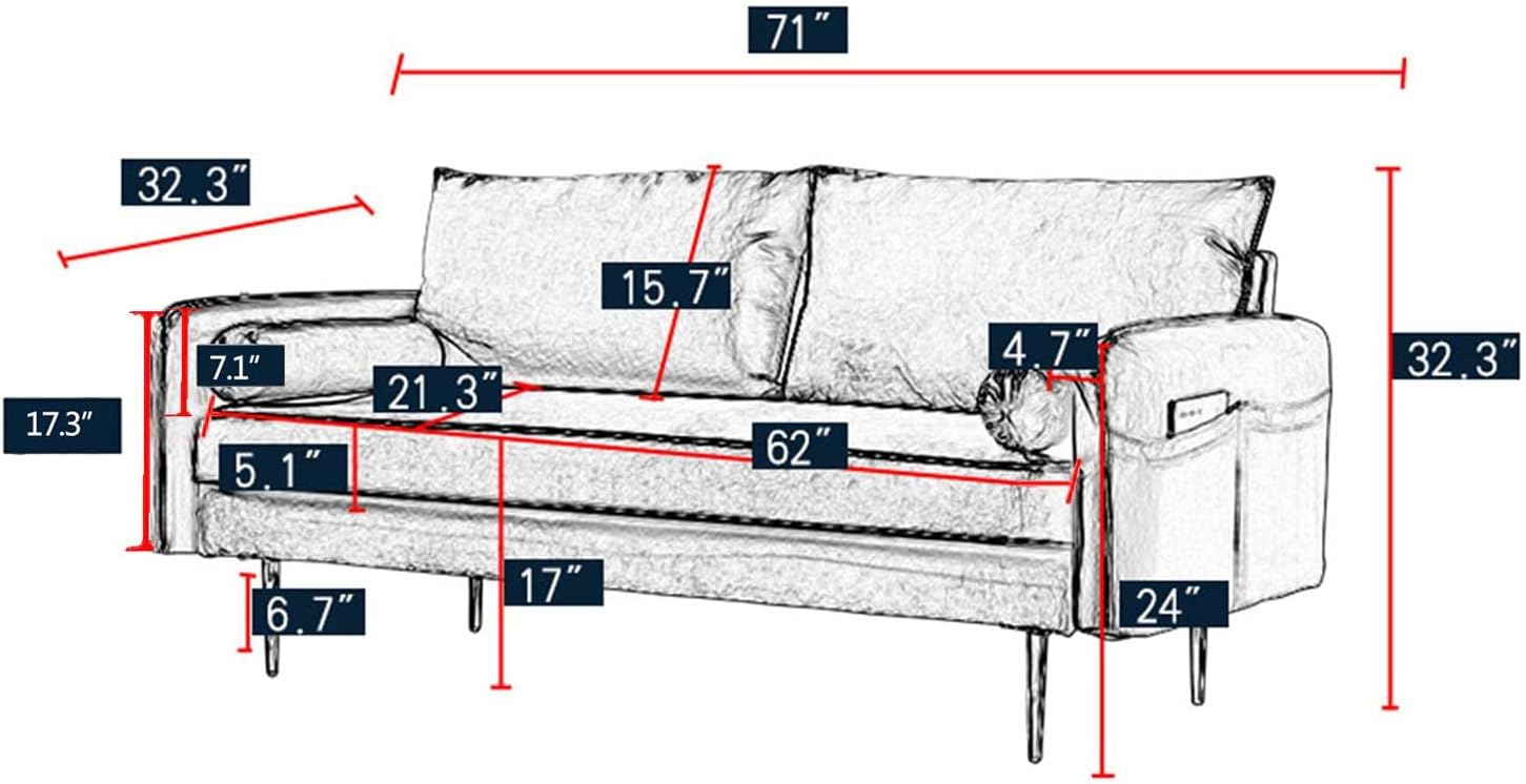 Sofá biplaza de terciopelo moderno de mediados de siglo, sofá de sala de estar de 71 pulgadas de ancho, tela de terciopelo con 2 almohadas, sofá