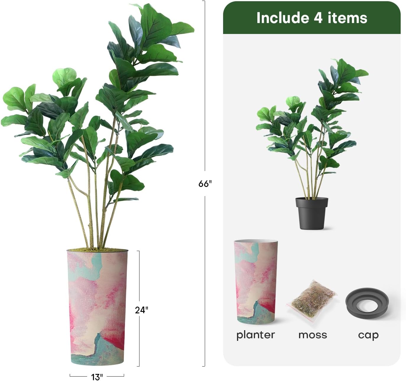 Árbol artificial en maceta contemporánea, ficus lyrata falsos árboles de seda para decoración del hogar en interiores y exteriores, altura total 66