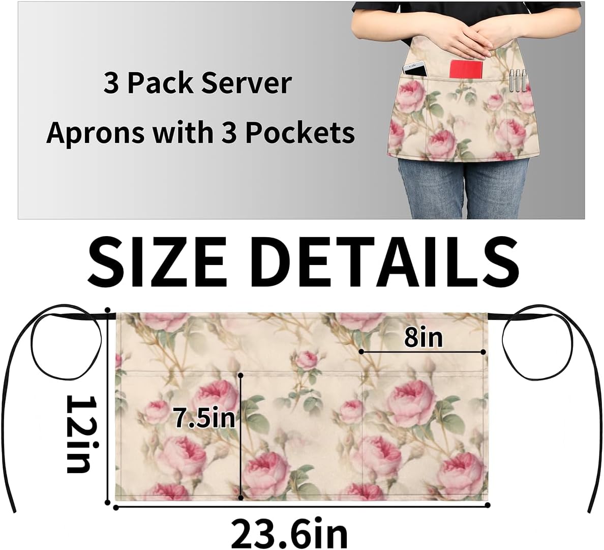 bisibuy 3 Pocket Waist Apron, Pack of 3, Floral Fower Retro Server Short Apron for Men Women, Kitchen, Restaurant, Cafe Delantales De Mesera Para