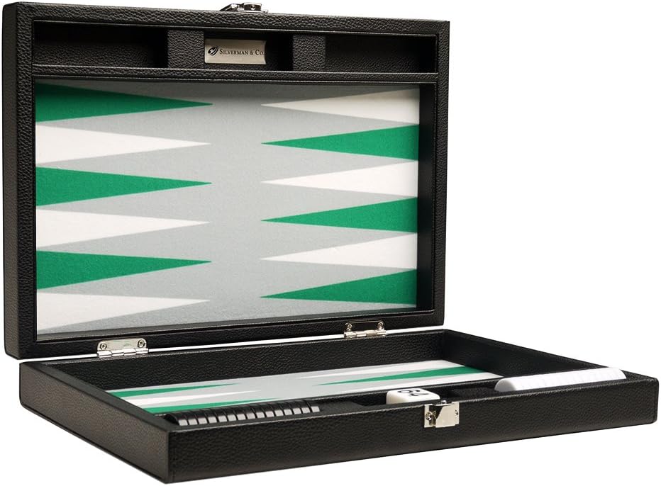 Silverman & Co. Juego de Backgammon Premium de 13 pulgadas, tamaño de viaje, tablero negro, puntos blancos y verdes