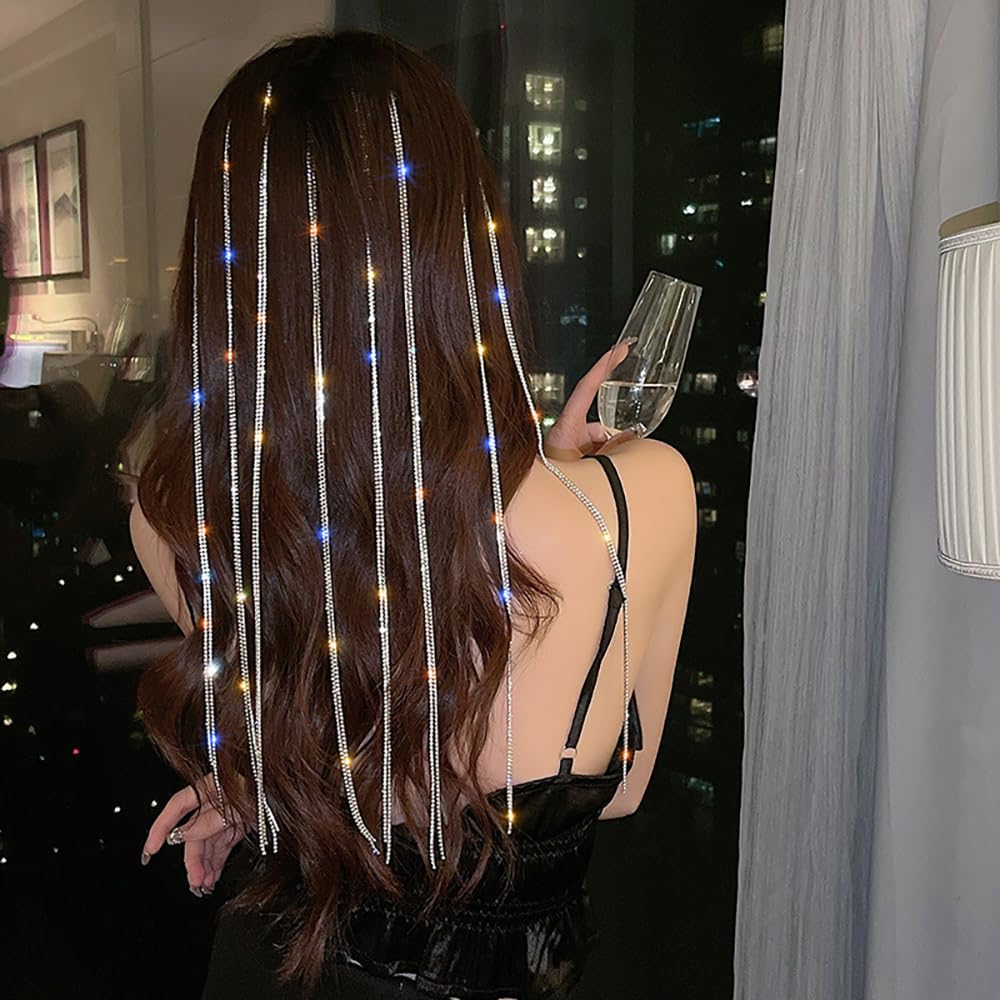 Cadenas para el cabello para mujer, extensiones de cabello con diamantes de imitación, pinzas para trenzar punk, largas con borlas, joyería para el