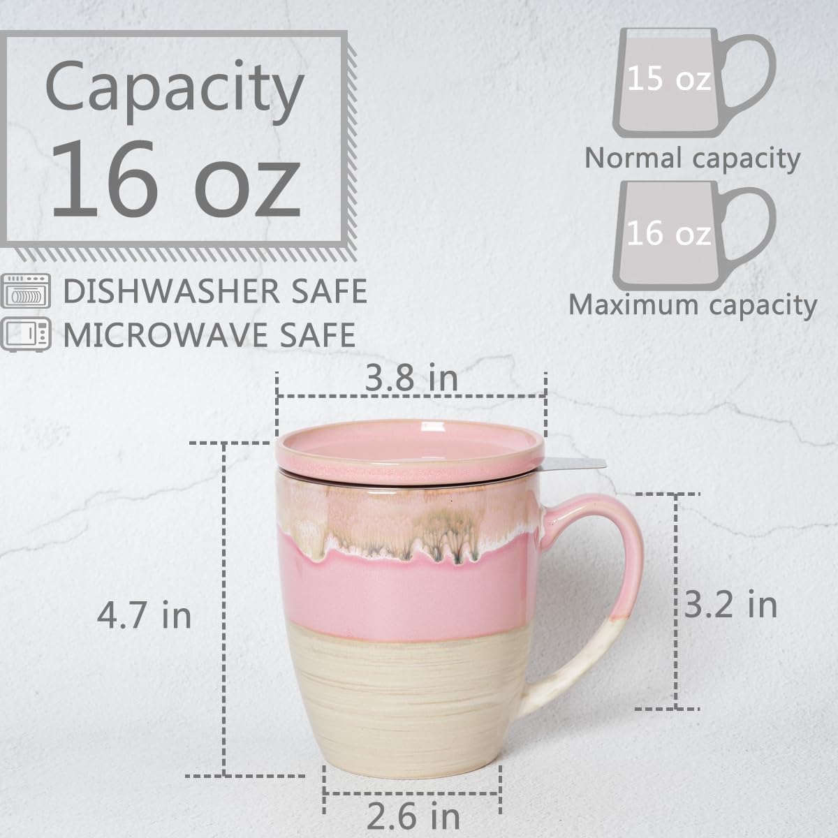Bosmarlin Taza de té de cerámica con infusor y tapa, 16 onzas, apta para lavavajillas y microondas, 5 colores para elegir, esmalte reactivo, taza de