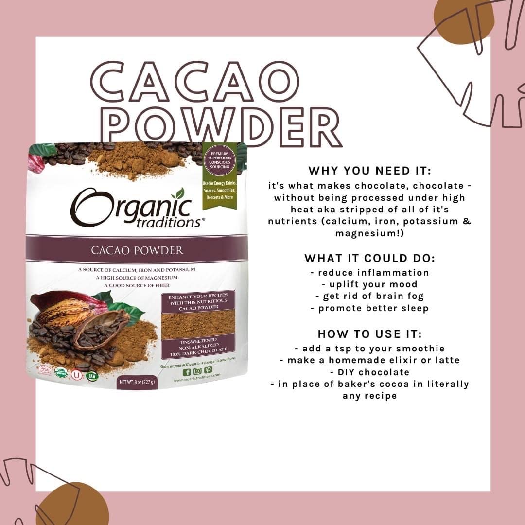 Organic Traditions Polvo orgánico, cacao, 16 onzas