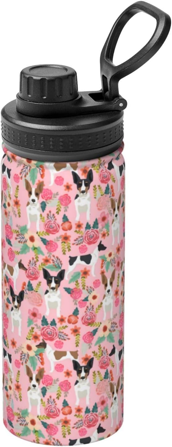 Botellas de agua deportivas aisladas al vacío de acero inoxidable de 18 onzas  Lindas ratas Terrier perro rosas flores tazas con tapa abatible,