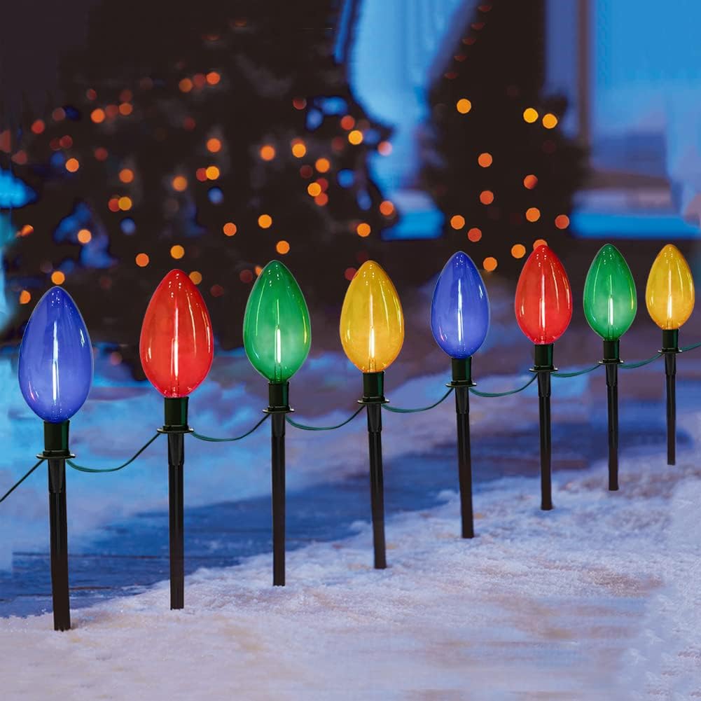 Luces de camino multicolor C9, 2 juegos de luces de 7 pies para exteriores con 8 bombillas LED multicolor C9 gigantes, luces de pasillo de Navidad
