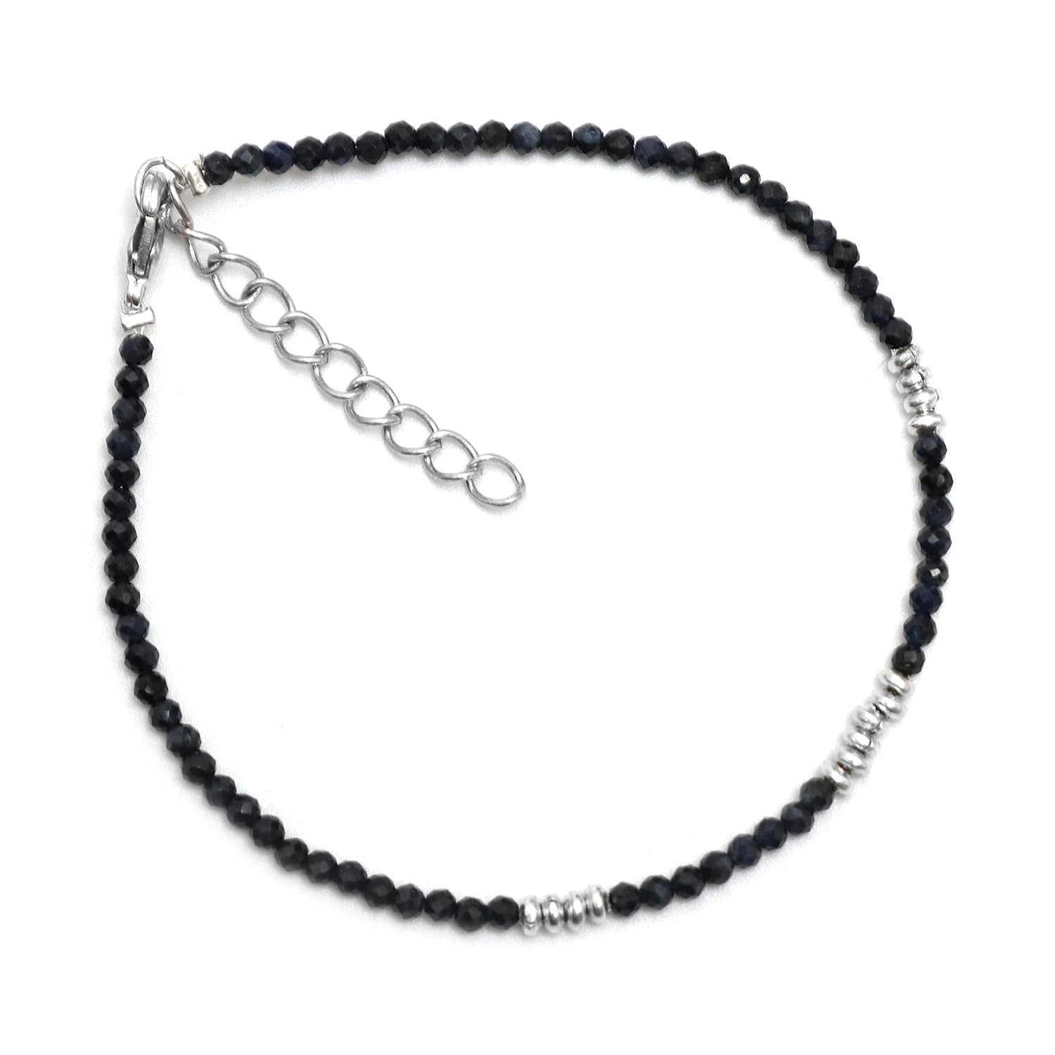 Gempires Natural Black Spinel Beads Bracelet, Spinel Gemstone Jewelry, Gift For her, 7+1 inch Adjustable Silver plated Chain (Black Spinel)