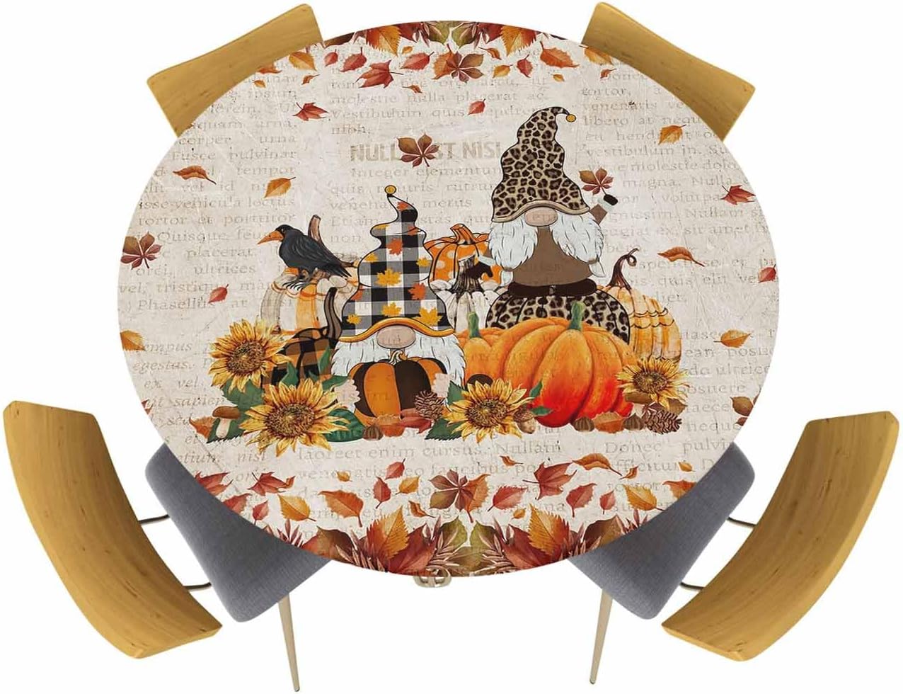 Mantel redondo ajustable con diseño de calabazas de gnomo de Acción de Gracias para mesas de comedor, diseño de hojas de arce con diseño de girasol,
