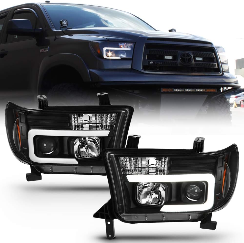 ACANII – Para 2007-2013 Toyota Tundra 08-17 Sequoia Pickup Negro LED Tubo Proyector Faros Faros Par Izquierdo+Derecho