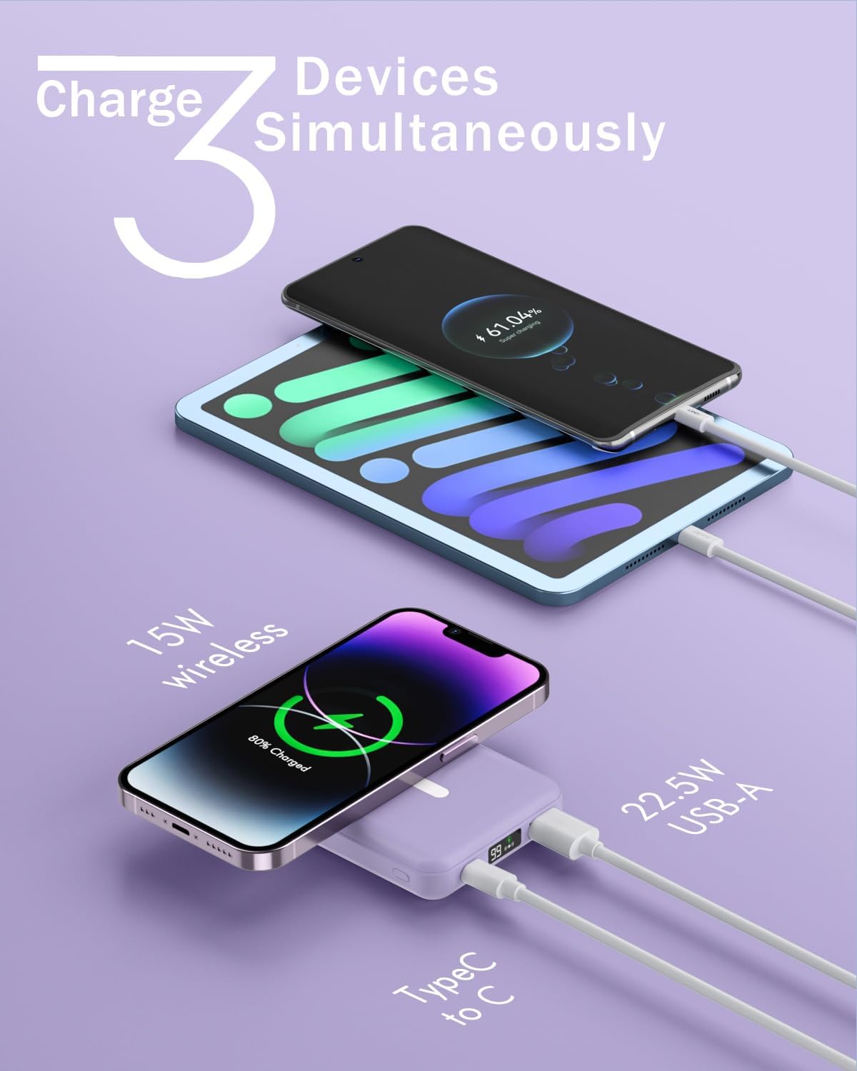 podoru Cargador portátil inalámbrico, banco de energía magnético plegable de 10000 mAh con cable tipo C, pantalla LED de 22.5 W PD de carga rápida,