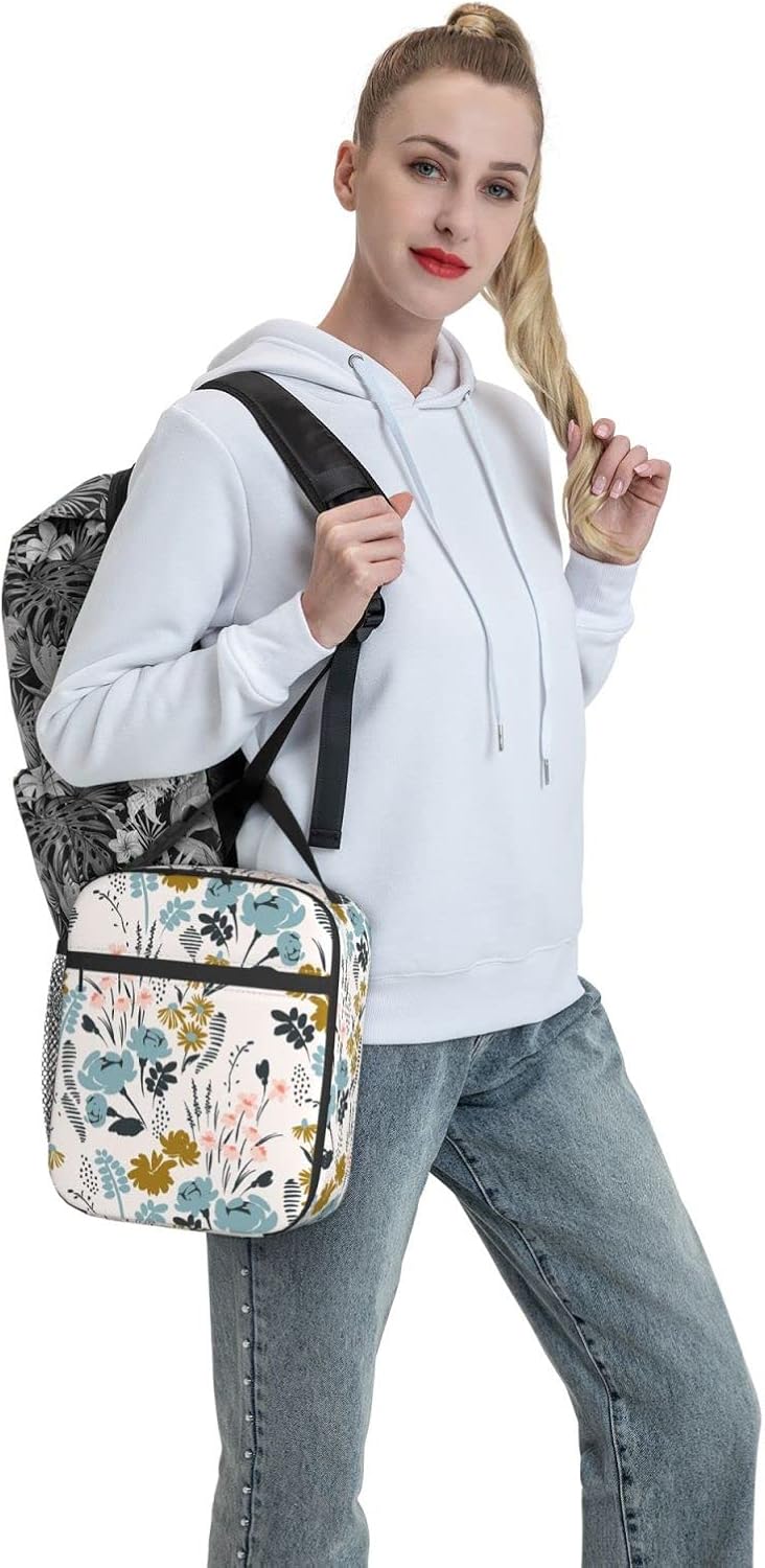 Bolsa de almuerzo con patrón floral, doble aislamiento, a prueba de fugas, bolsa de mano, organizador de almuerzo para trabajo, picnic, viajes,