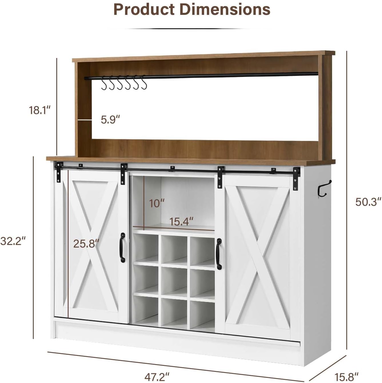 Gabinete de barra de café de granja, barra de café de cocina de 47 pulgadas con 6 ganchos, estación de bar de café con 9 estantes de vino, gabinete