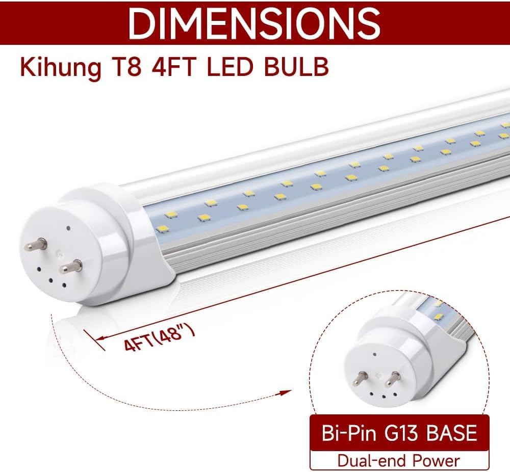 Kihung (12 paquetes de bombillas LED T8 de 4 pies, bombillas tipo B, 24 W, 3120 lúmenes, 6000 K, bombillas fluorescentes blancas de luz diurna de 48