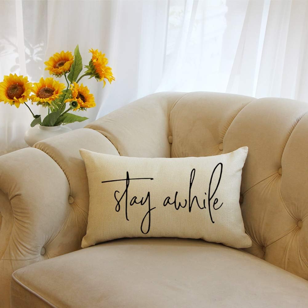 Ogiselestyle Fundas de almohada de granja con citas Stay Awhile de 12 x 20 pulgadas, fundas de almohada lumbares decorativas para el hogar, funda de