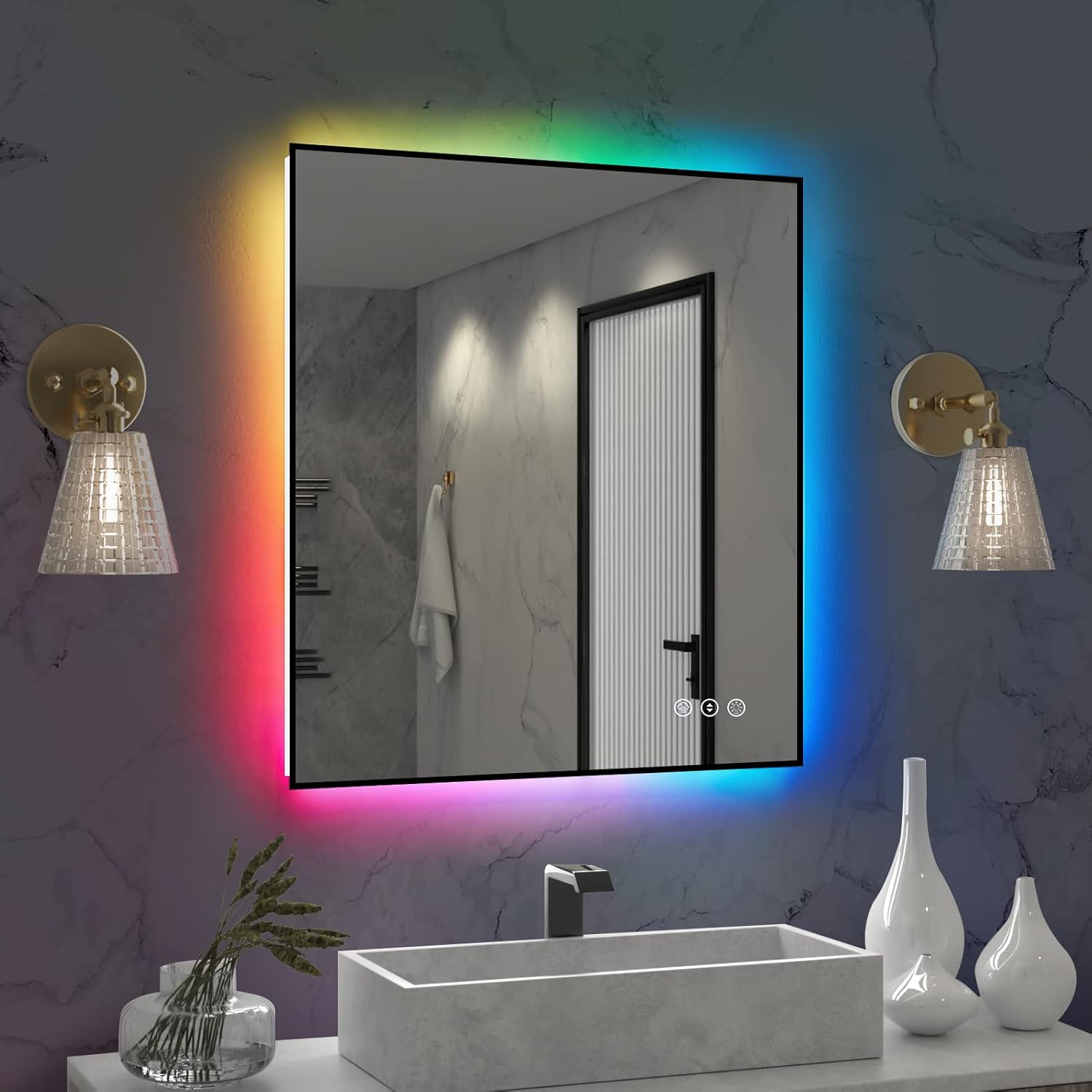 Amorho Espejo de baño LED con retroiluminación RGB, 28 x 36 pulgadas, espejo de tocador iluminado que cambia de color para pared, control táctil,