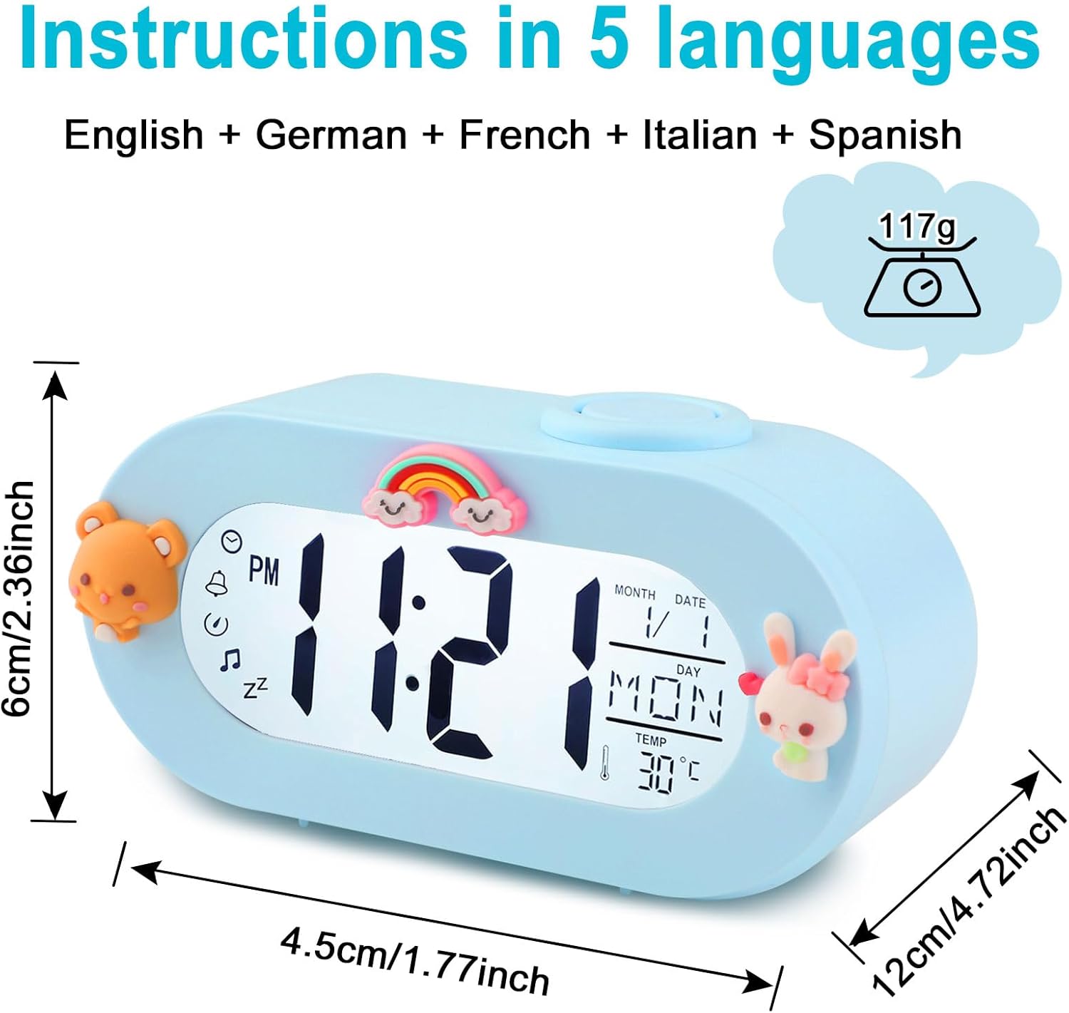 Potuopy Reloj despertador para niños, despertador digital con repetición, lámpara sónica, temporizador, 8 tonos de llamada, 1224 horas, reloj