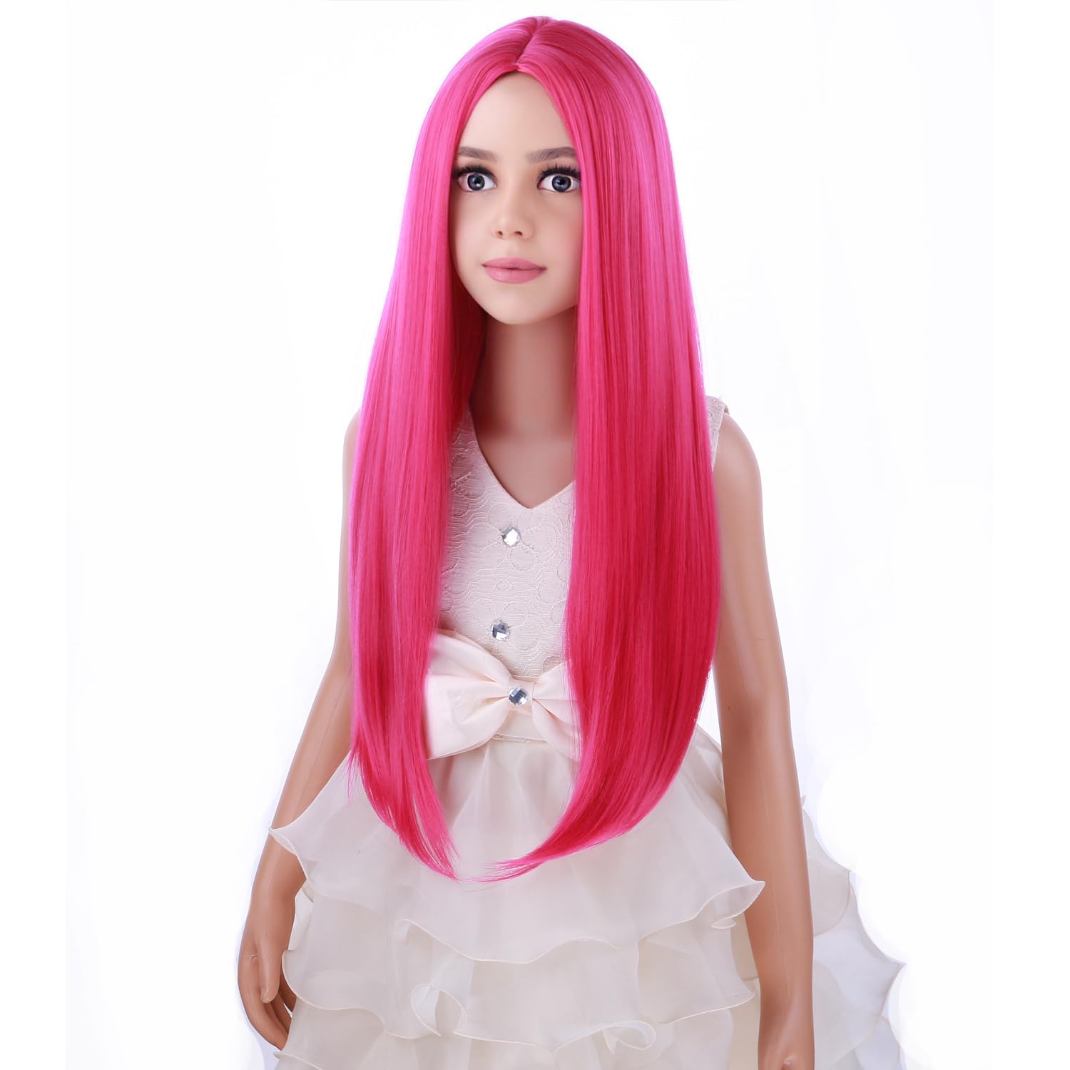 PATTNIUM Peluca larga y recta rosa para niños y niñas, color rosa intenso, peluca magenta rosa neón, peluca sintética larga con parte media y gorra