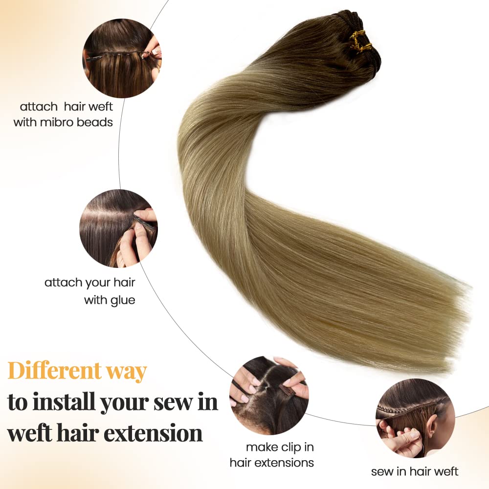Extensiones de cabello humano rubio degradado atadas a mano, color rubio ceniza que se desvanece a rubio platino, atadas a mano, extensiones de