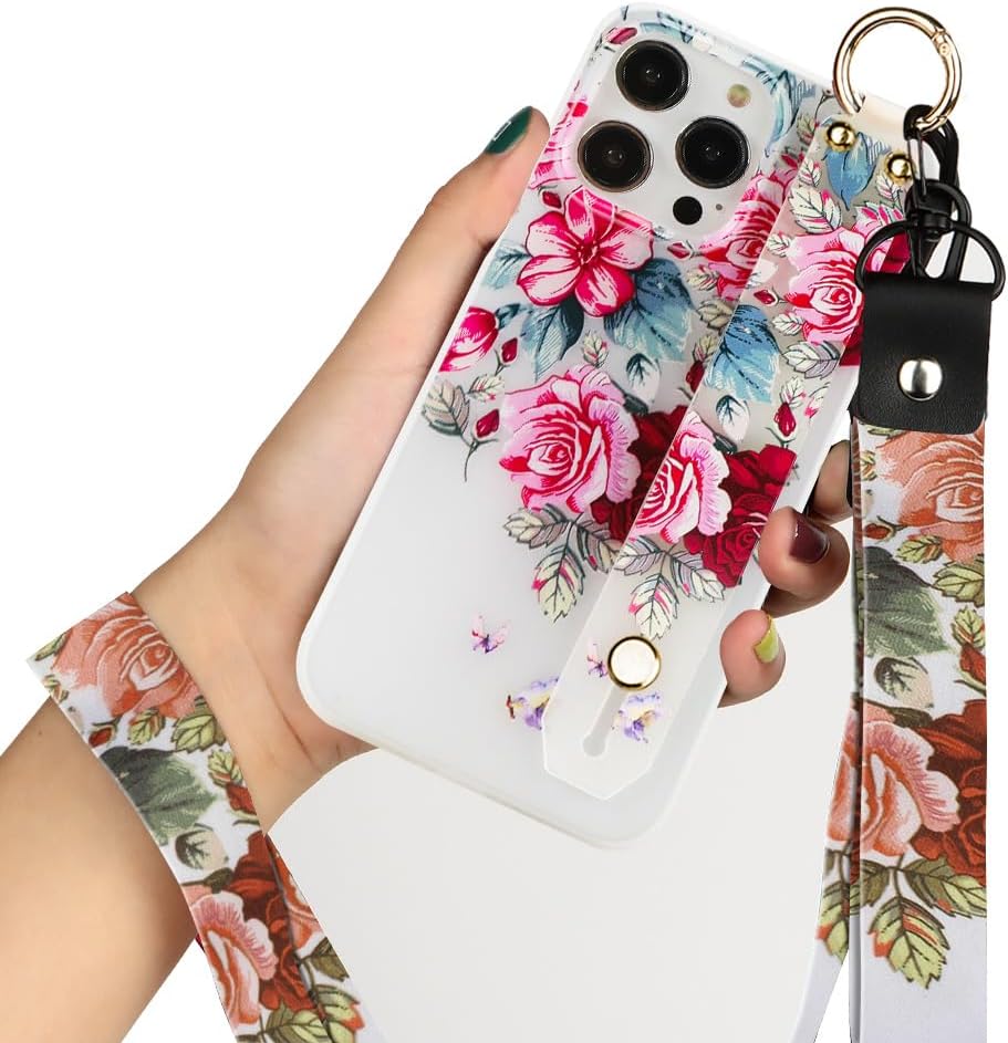 KANGHAR Funda para iPhone 14 Pro Max con estampado floral para mujeres y niñas, funda de silicona TPU suave con correa de muñeca para iPhone 14 Pro