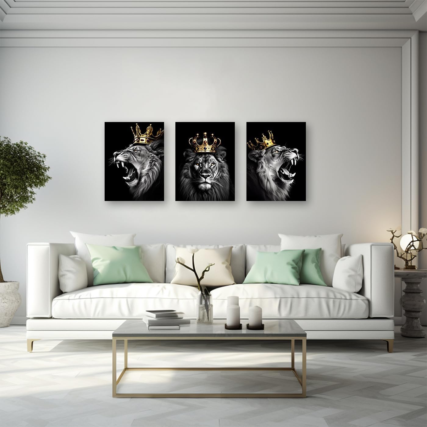 DOARTDO Cuadro de león para decoración de pared, 3 paneles, lienzo de animales en blanco y negro, arte de pared, arte de león con corona, marco