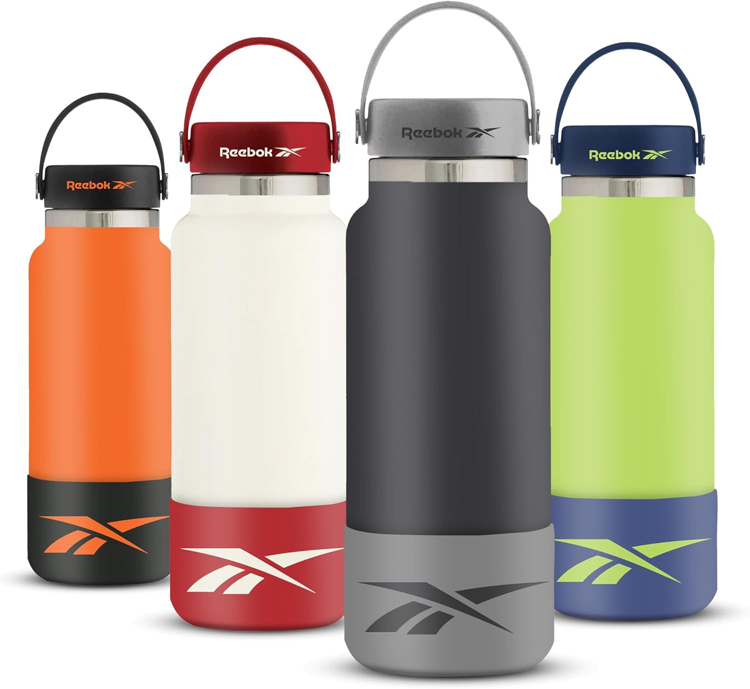 Reebok Botella de agua deportiva de acero inoxidable con asa, botella de agua aislada de 40 onzas, botella de agua deportiva aislada al vacío de