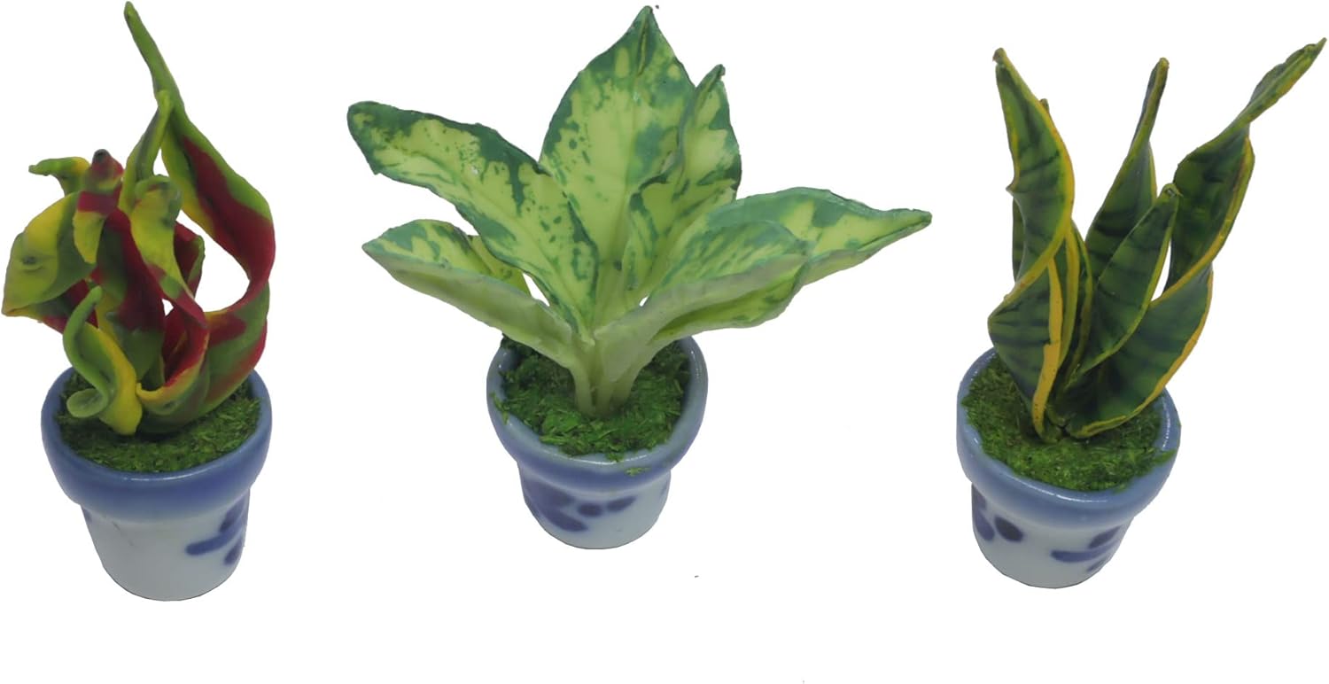 3 piezas 112 casa de muñecas plantas artificiales en miniatura en maceta de cerámica, Codiaeum Variegatum, Aglaonema, Sansevieria accesorios de casa