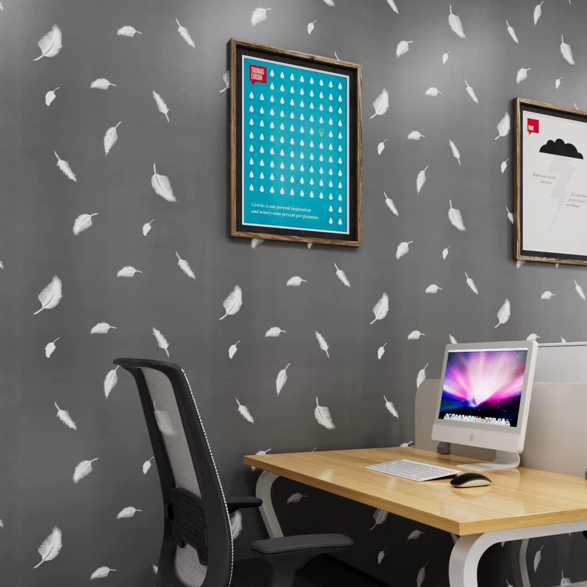 Yifasy Revestimiento de estante de papel autoadhesivo de plumas blancas para cajón, decoración de pared de PVC gris, calcomanía para muebles del