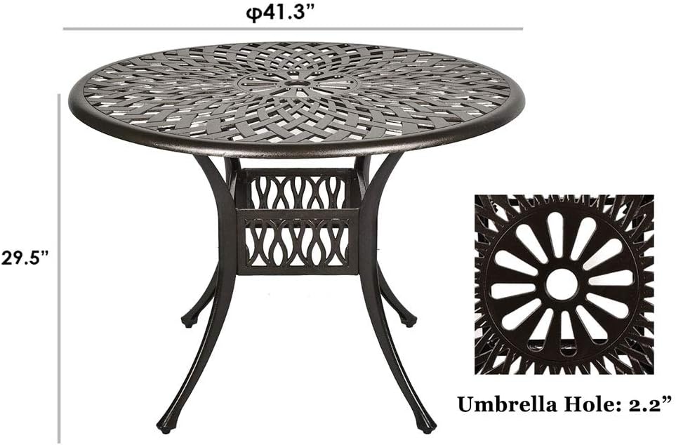 TITIMO Mesa de comedor redonda de 41.3 pulgadas de diámetro para patio bistró, mesa de conversación de aluminio fundido con agujero para paraguas de