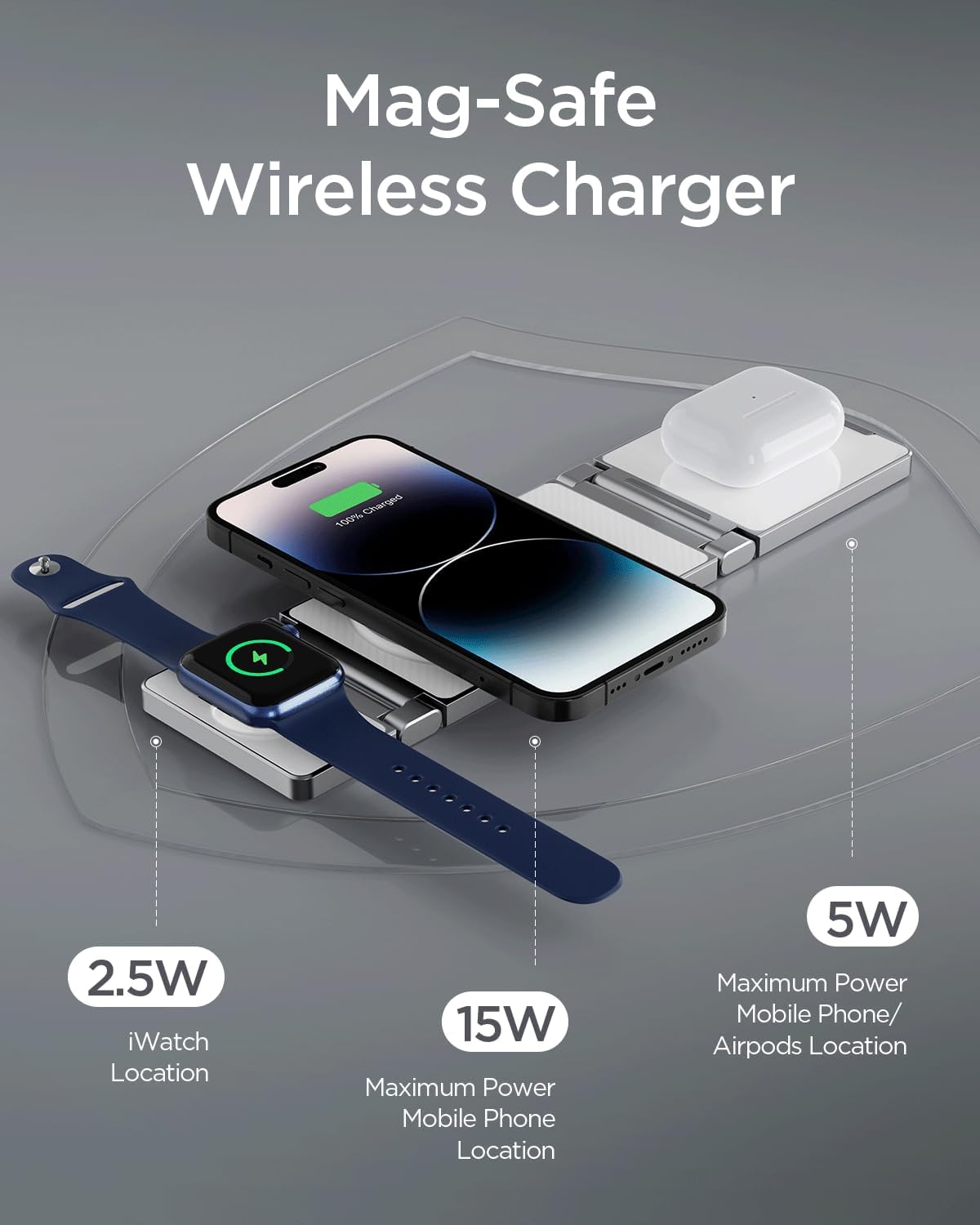 Hohosb – Estación de carga magnética, 3 en 1, plegable, de aleación de zinc, cargador inalámbrico compatible con cargador Magsafe para iPhone
