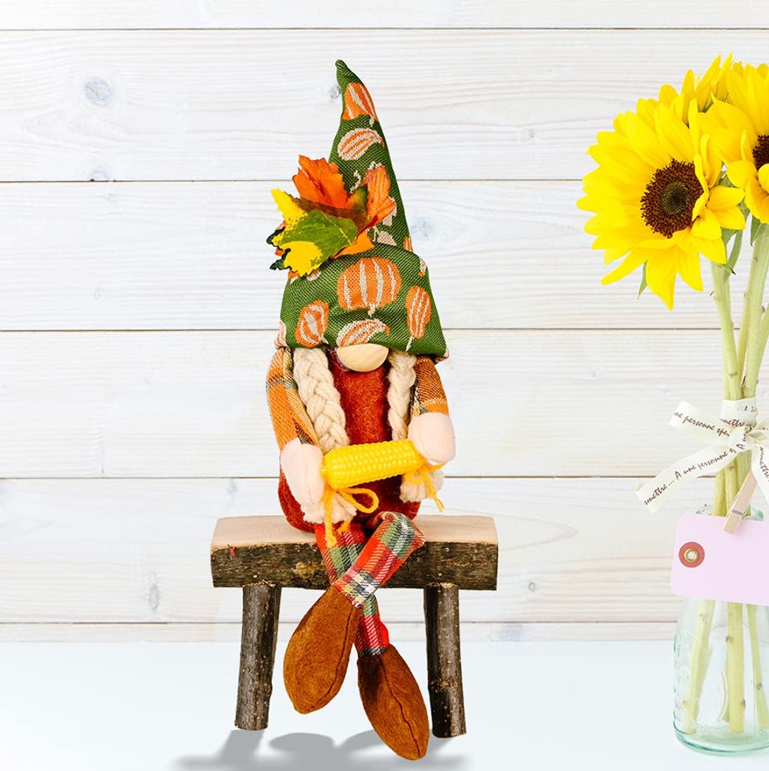 Juego de 2 gnomos de felpa para decoración de Acción de Gracias con calabaza de maíz, Sr. y Sra. Cosecha de otoño, decoración de bandeja escalonada