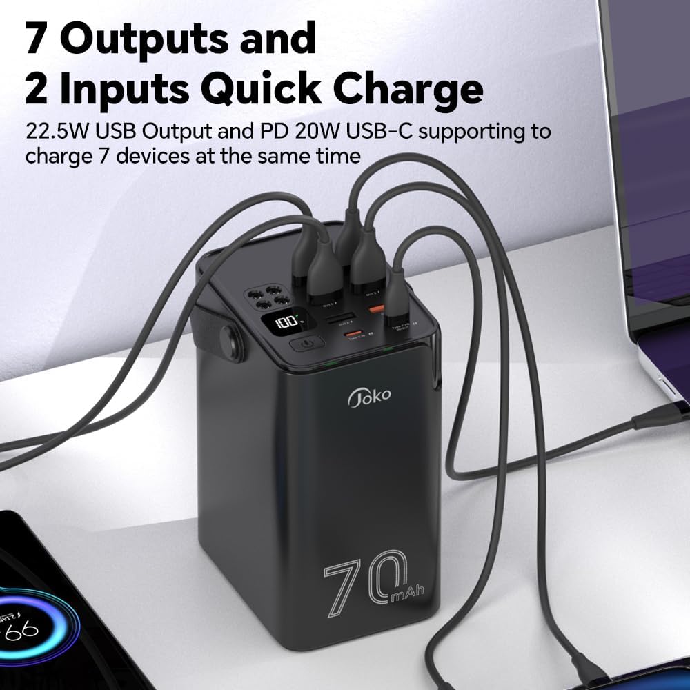 JOKO Banco de energía de 70000 mAh, alta capacidad, 20 W, PD 3.0, carga rápida, 22.5 W, máximo banco de energía grande, 7 salidas 2 entradas,