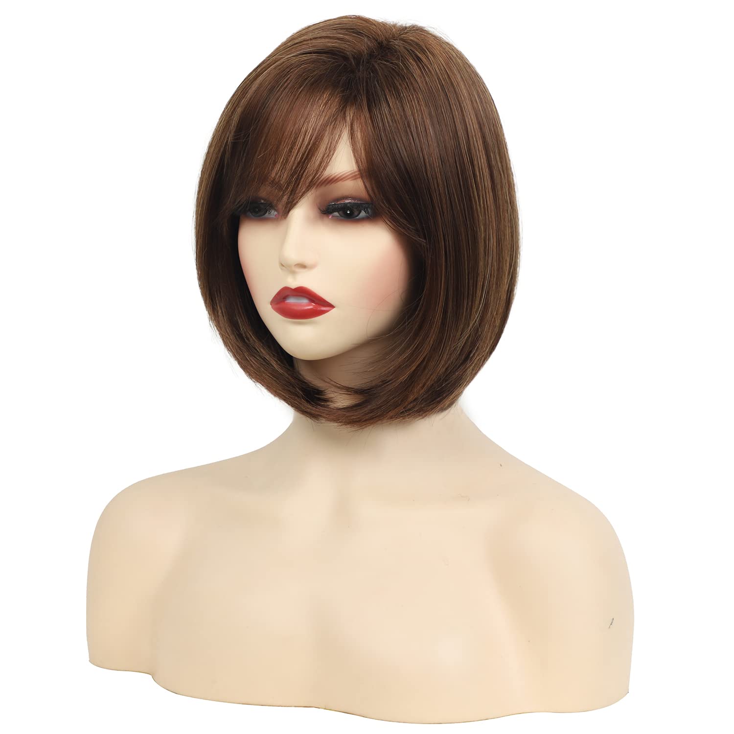 RENERSHOW Peluca sintética corta de color marrón con flequillo para mujer, peluca sintética con flequillo de aspecto natural, peluca de fiesta diaria
