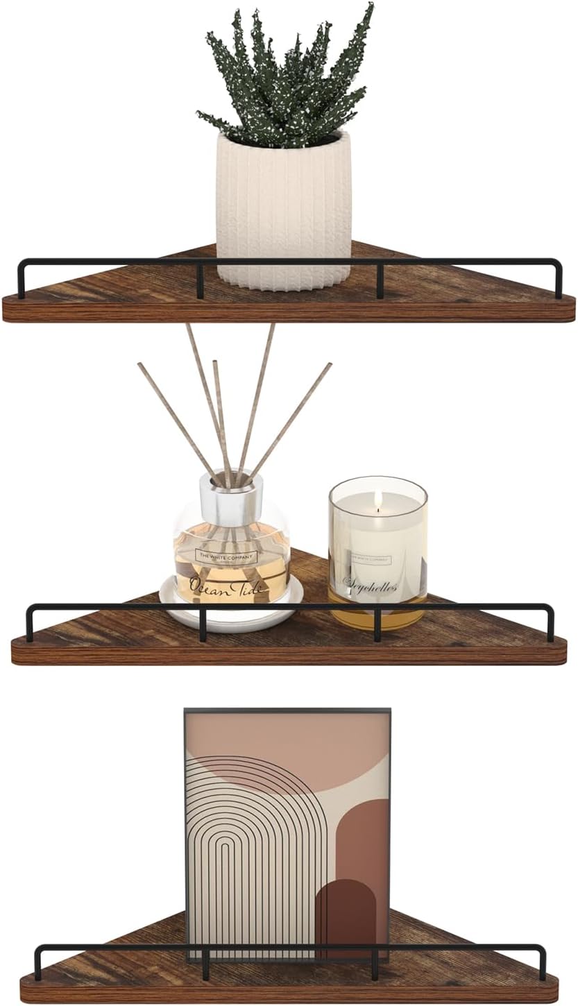 Trwcrt Juego de 3 estantes de esquina flotantes para montaje en pared, estantes de almacenamiento de pared de madera rústica para dormitorio, sala
