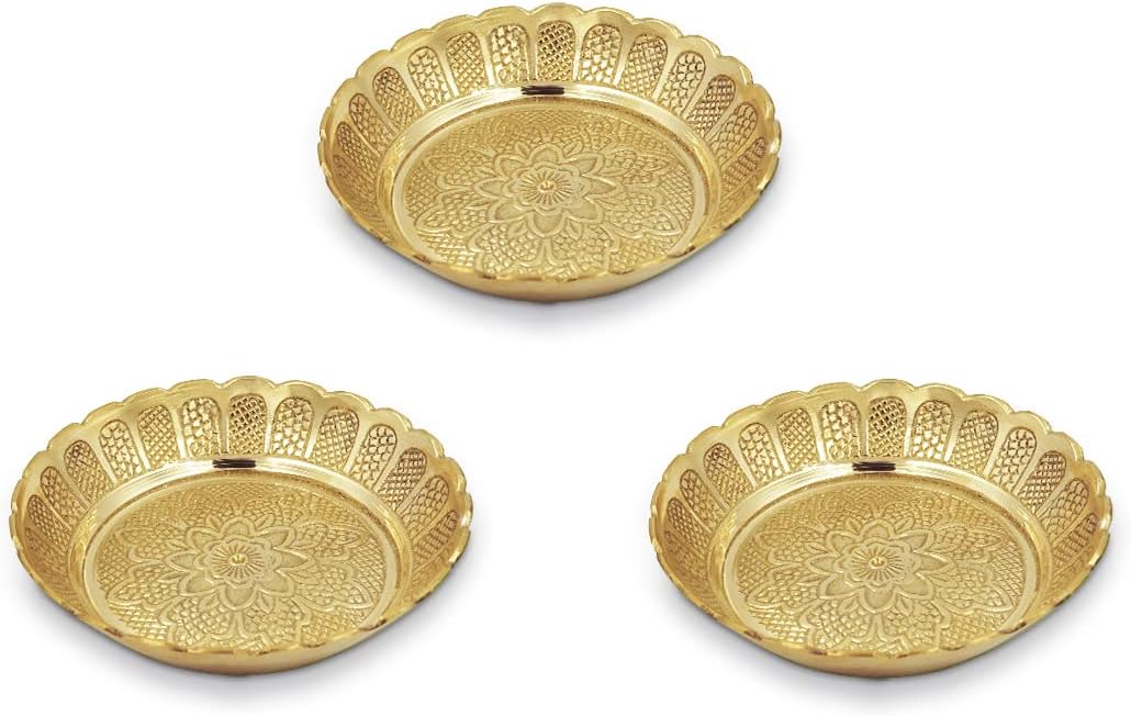 Shubhkart Nakshi – Plato para Pooja, decoración y regalo (pequeño 2.8 in, 3 unidades, latón macizo)