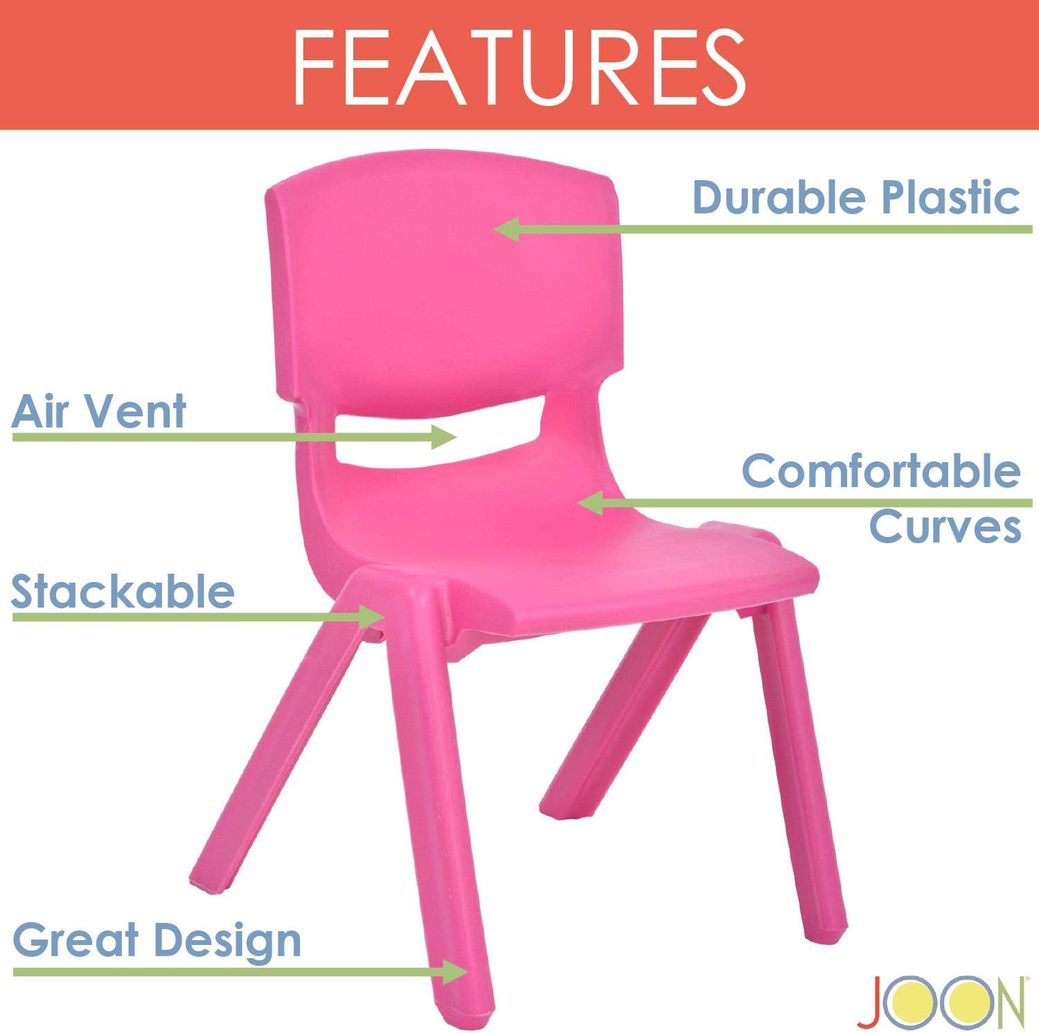 JOON Sillas apilables de plástico para niños, (paquete de 2), 20.5 x 12.75 x 11 pulgadas, la silla perfecta para salas de juegos, escuelas,
