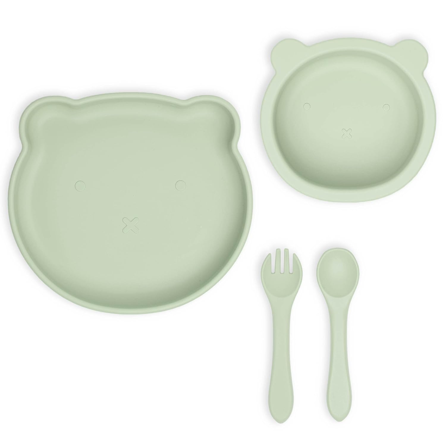 Plato de succión de silicona para niños, cuenco de succión y cucharas para bebés, sin BPA (salvia)
