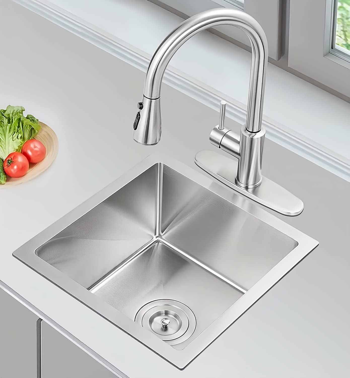 MESIDA Fregadero de cocina de acero inoxidable SUS304 de 15 pulgadas con un solo tazón (15 x 15 x 8 pulgadas)