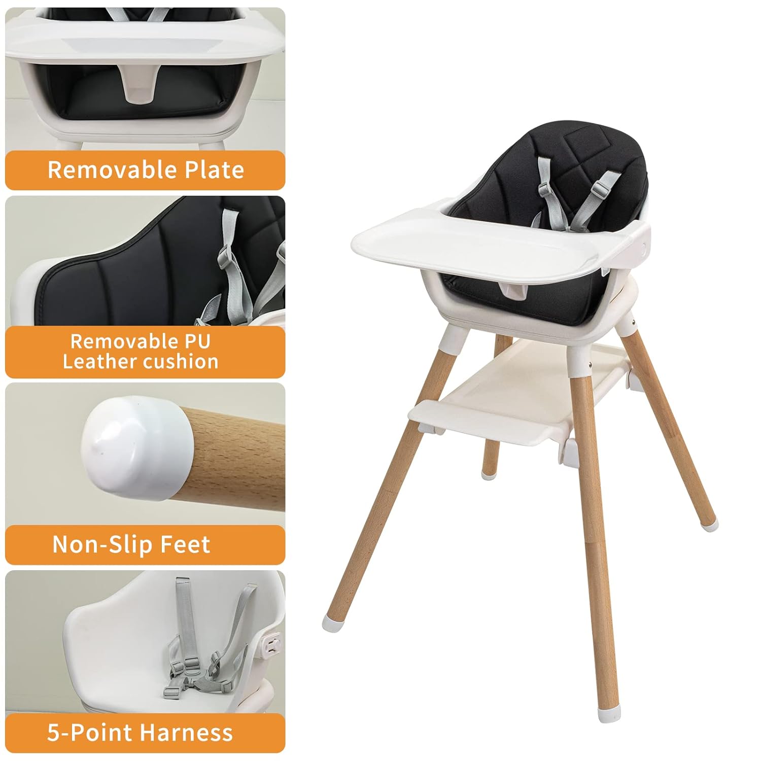 Silla alta de madera 6 en 1, sillas altas para bebés y niños pequeños, sillas altas para bebé con patas ajustables y bandeja apta para lavavajillas,