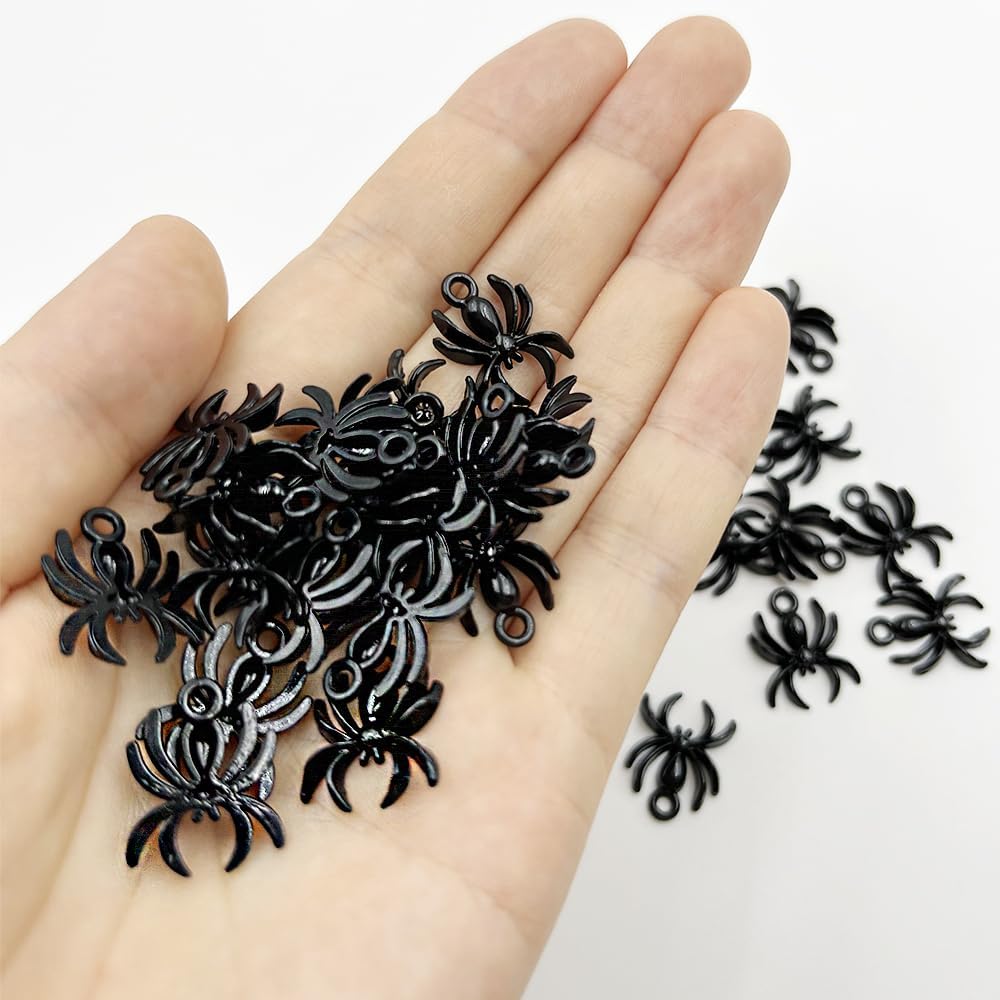 50 cuentas de araña, cuentas de araña de Halloween, aleación de araña negra gótica, cuentas de animales de metal plano para hacer joyas, llavero,