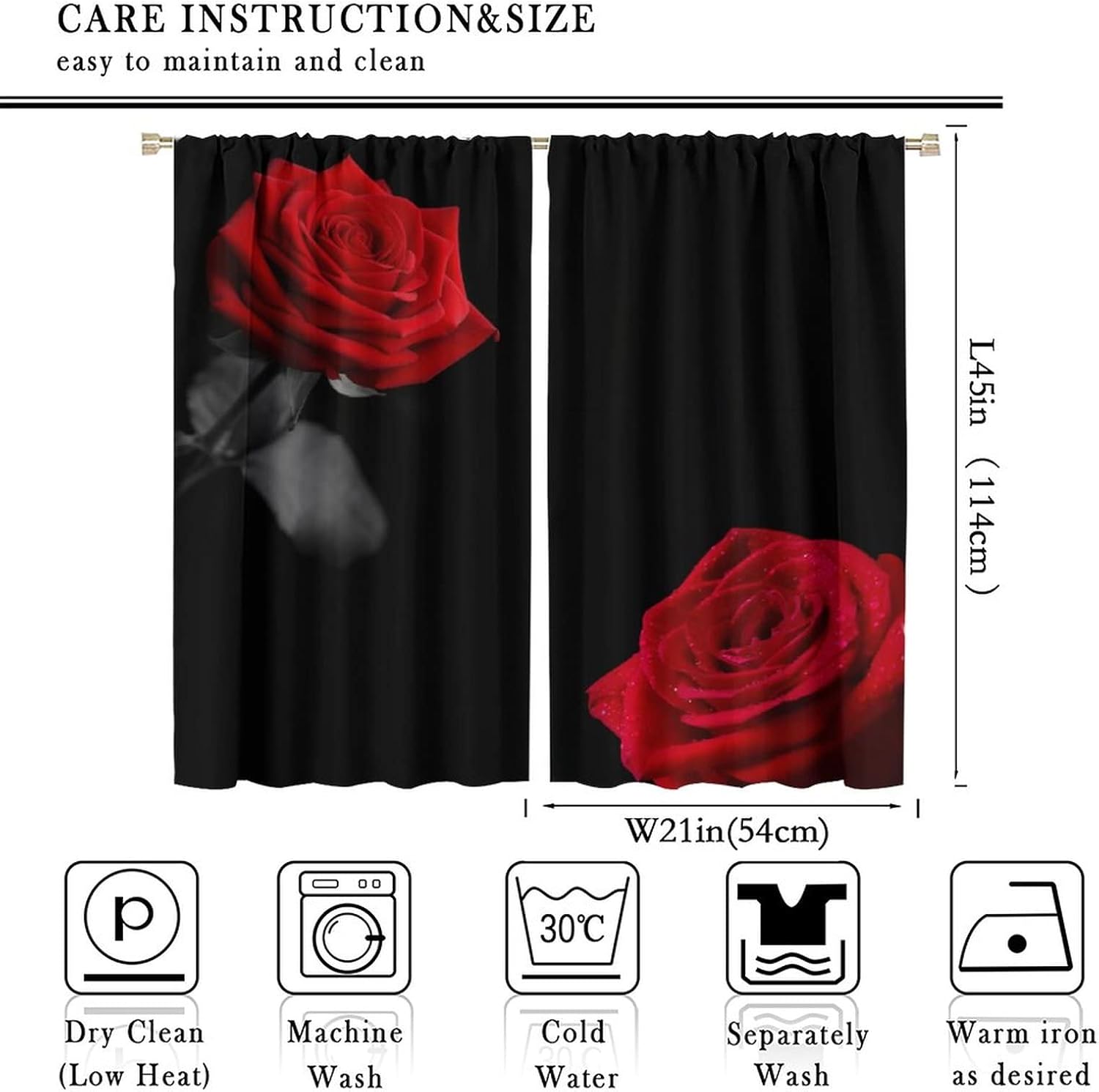 Cortinas de rosas rojas, románticas y florales con estampado 3D de rosas rojas para niñas, mujeres, dormitorio, sala de estar, cocina, decoración
