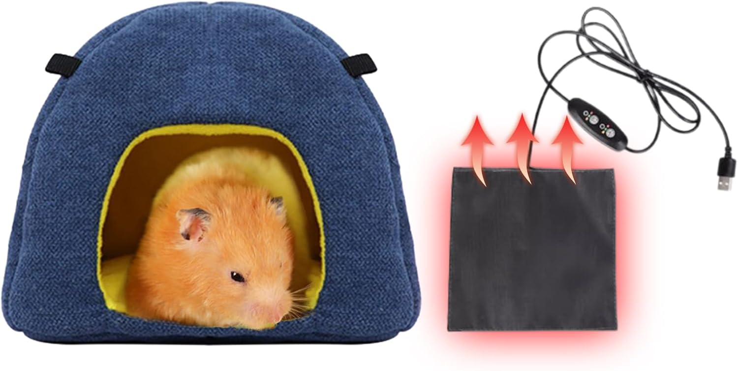 Hamster Hideout Cama de invierno – Acogedora jaula para mascotas, almohadilla térmica y hamaca colgante para animales pequeños, planeadores de
