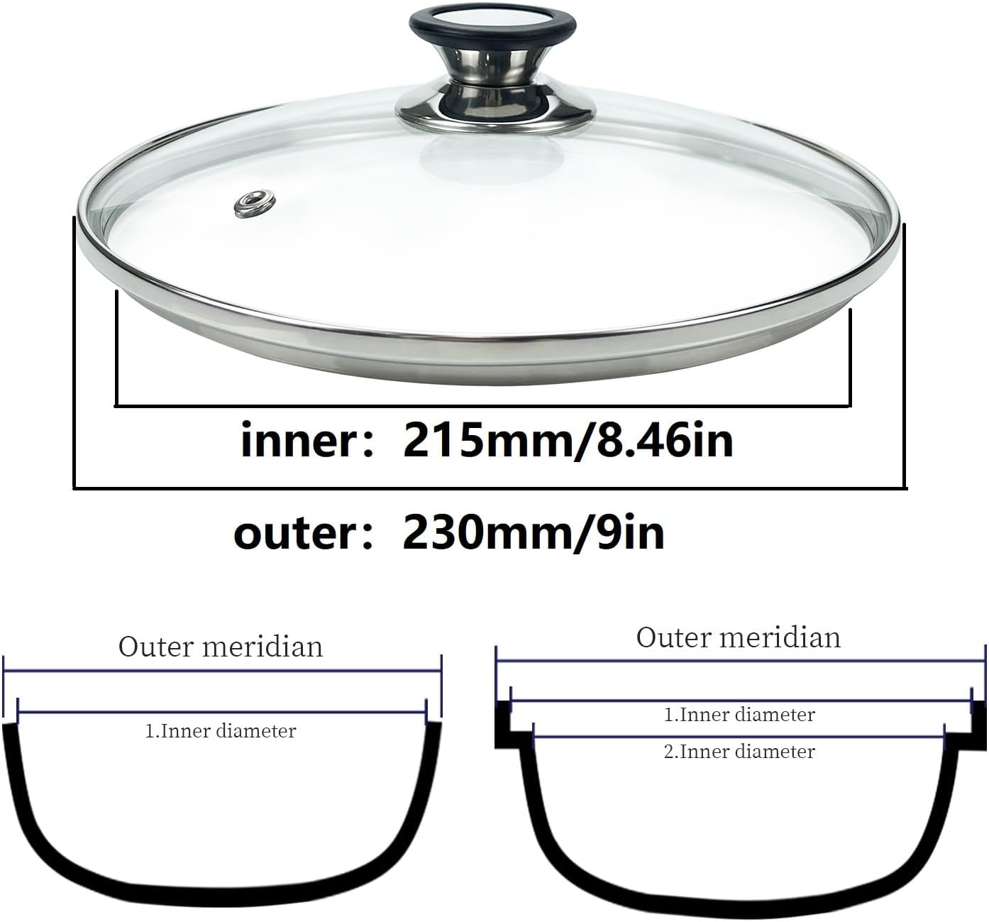 Tapa de vidrio templado de 9 pulgadas con orificio de ventilación de vapor, olla universal transparente de repuesto con perilla de soporte, borde de
