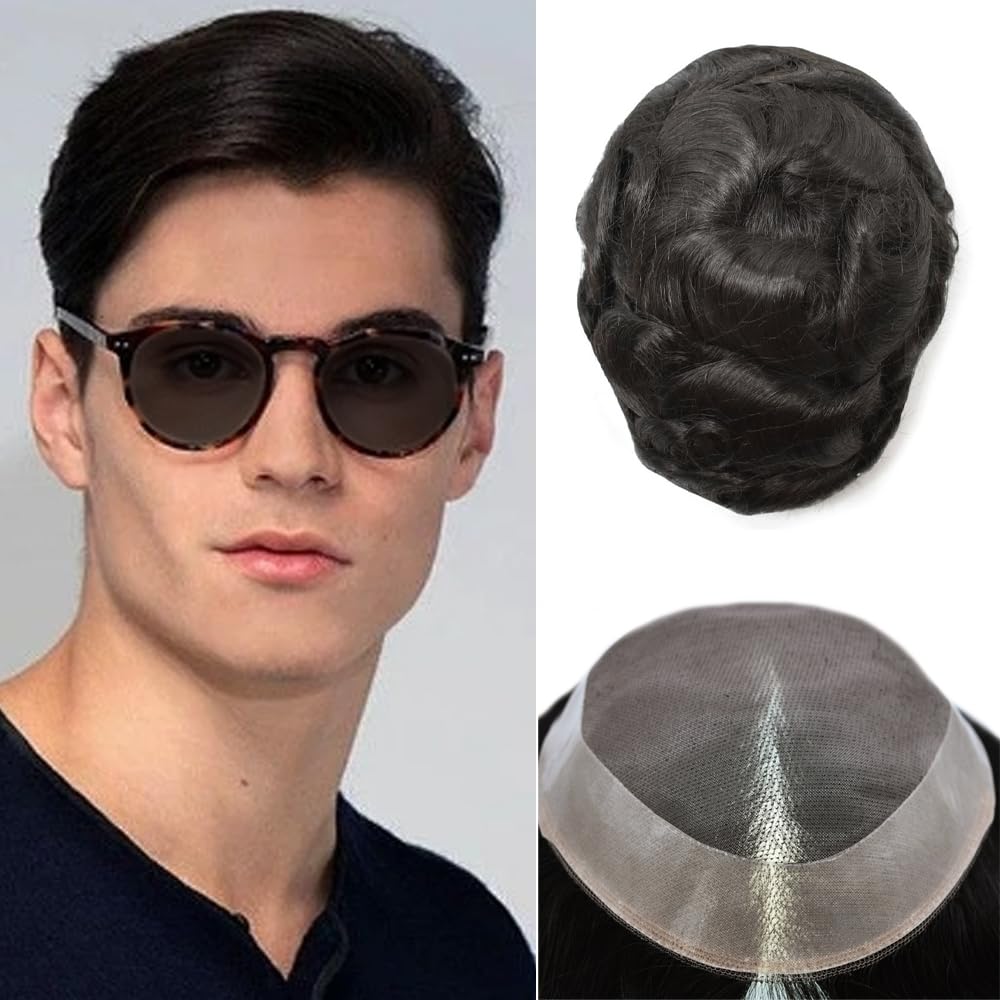Sistema de repuesto de cabello humano, tupé de línea capilar natural para hombres unido de poliuretano alrededor de cinta fácil para hombre, tupé