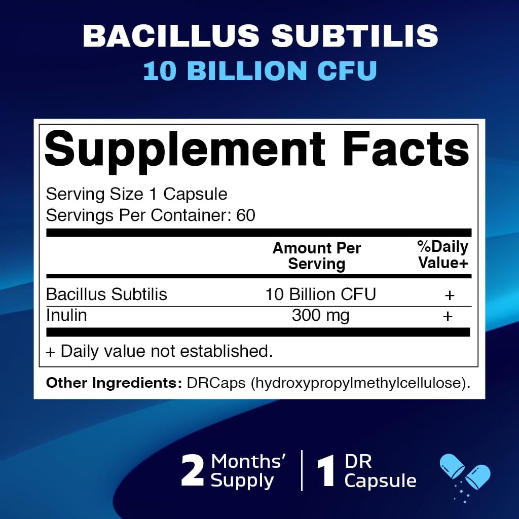 Vitamatic Bacillus Subtilis 10 mil millones por cápsula DR  60 unidades  Apoyo digestivo, intestinal e inmunitario  Fabricado con fibra de inulina