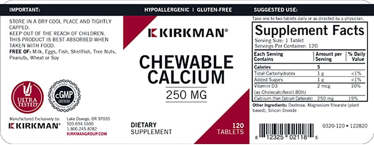 Kirkman – Calcio 250mg con Vitamina D3-120 Tabletas – Minerales Esenciales – Ayuda a mantener huesos fuertes – Hipoalergénico