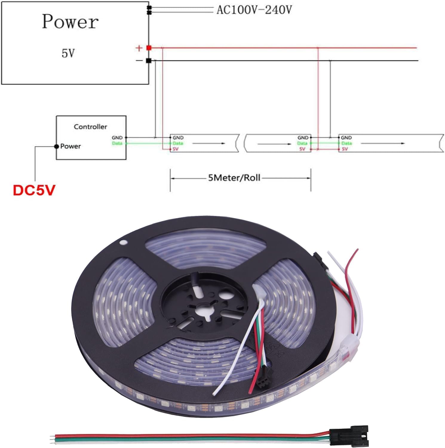WS2812B Tira de LED RGB direccionable individualmente de 16.4 pies 5050SMD Smart Flexible Dream a todo color 60Pixelsm Luz PCB negra IP67