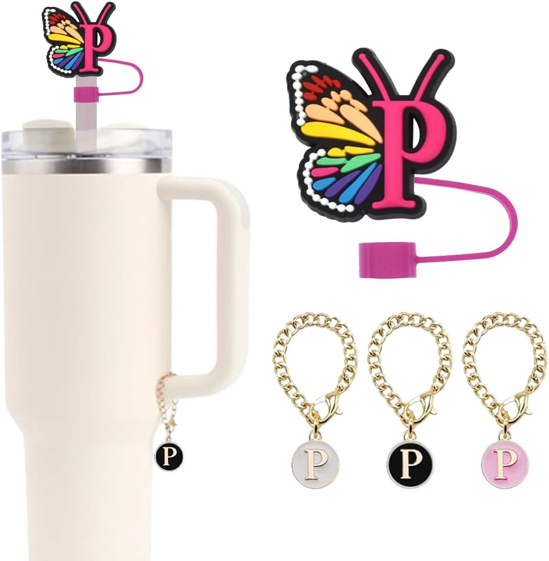 1 funda de popote con forma de mariposa con letra inicial para Stanley de 30 y 40 onzas, copa de 0.4 pulgadas, 3 piezas de dijes de letras de